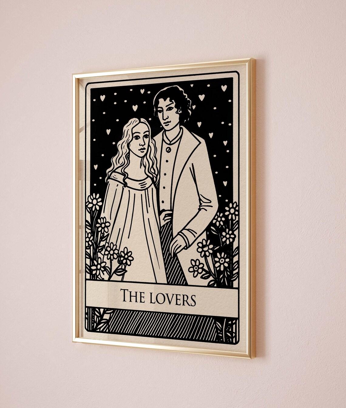 The Lovers Tarot Card Art Print Boho Occult Couple Black and White - Image 2