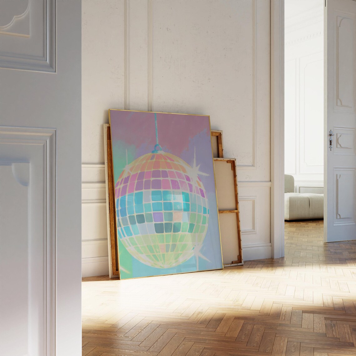 Pastel Rainbow Disco Ball Hanging in Pink Sky Music Party Poster - Image 2