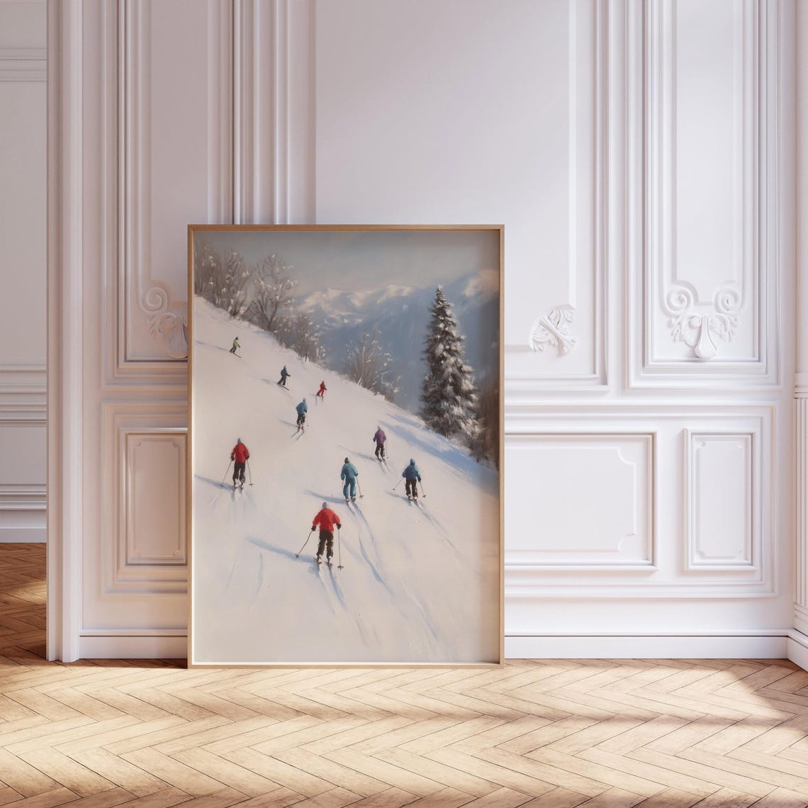 Tiny Skiers Gliding Down a Snowy Mountain Slope Painting Poster - Image 4
