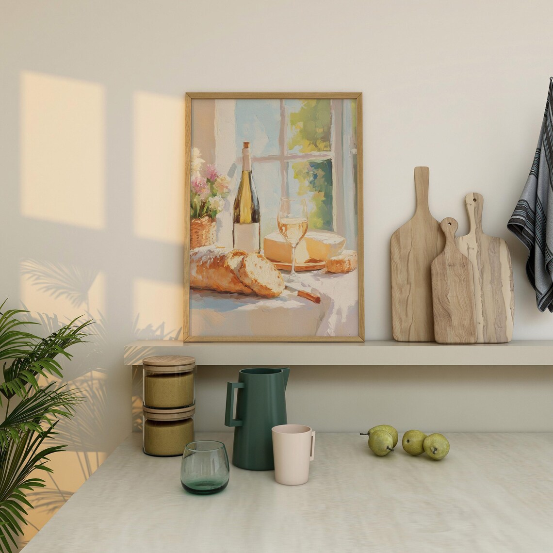 French Wine Bread Cheese Still Life Window Oil Painting Kitchen Art Poster - Image 2