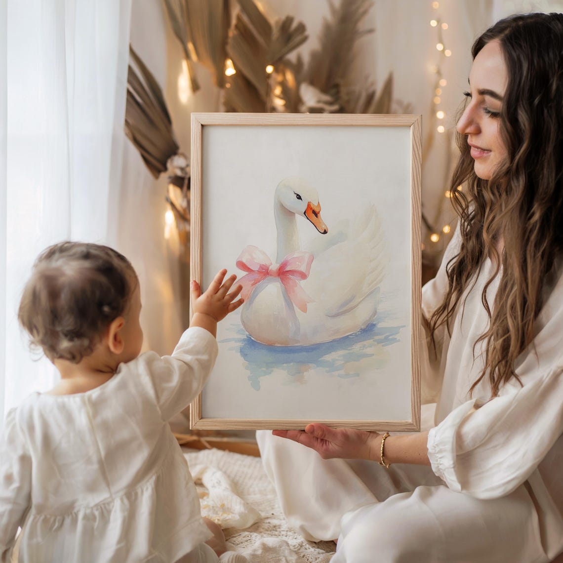 Nursery Swan With Bow Watercolor Painting Kids Room Girly Decor Poster - Image 2