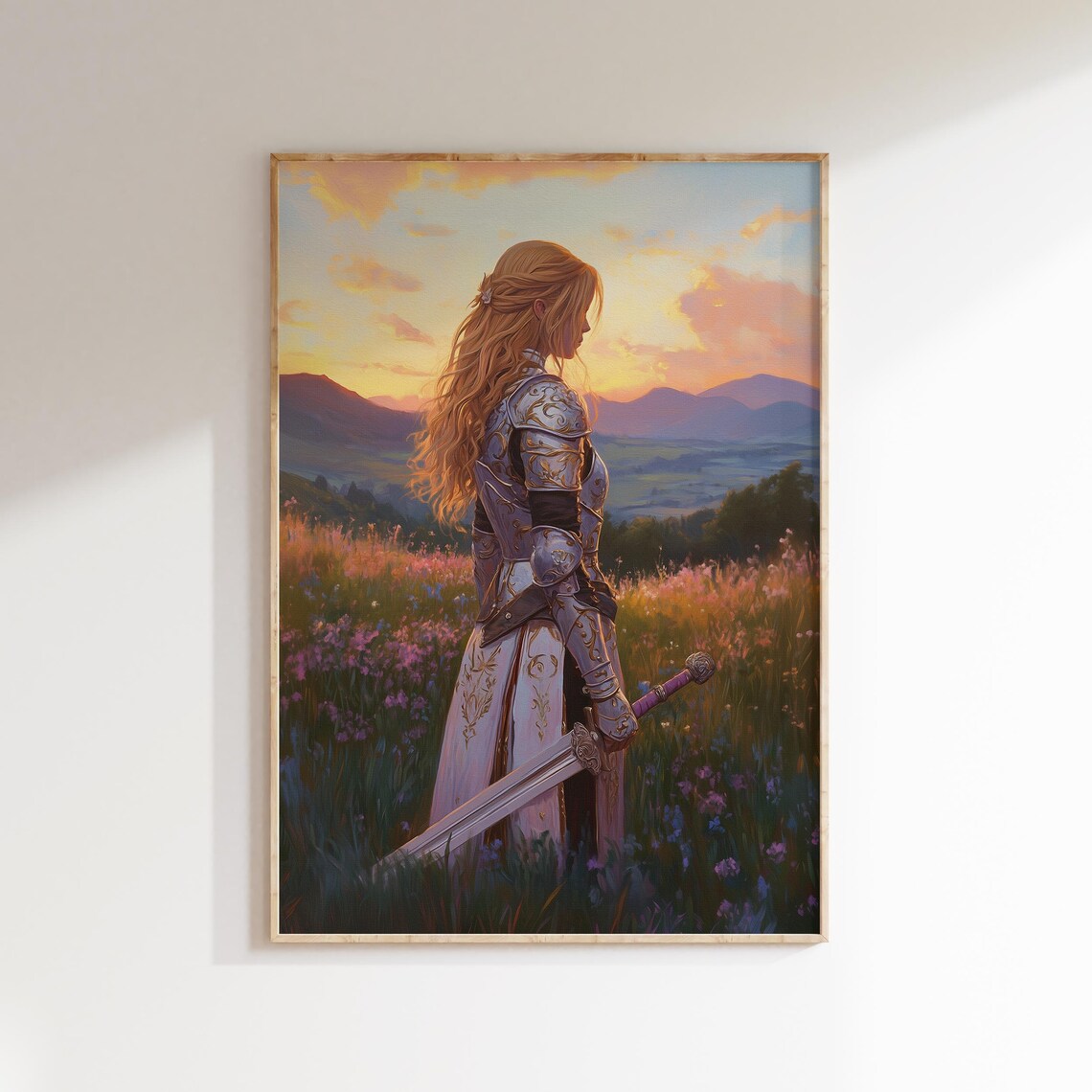 Female Knight Sunset Meadow Sword Fantasy Painting Pink Room Wall Poster - Image 3