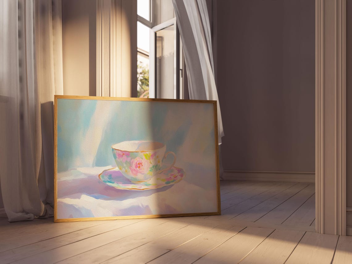 Pastel Floral Teacup on a Saucer in Soft Dreamy Light Painting Poster - Image 3