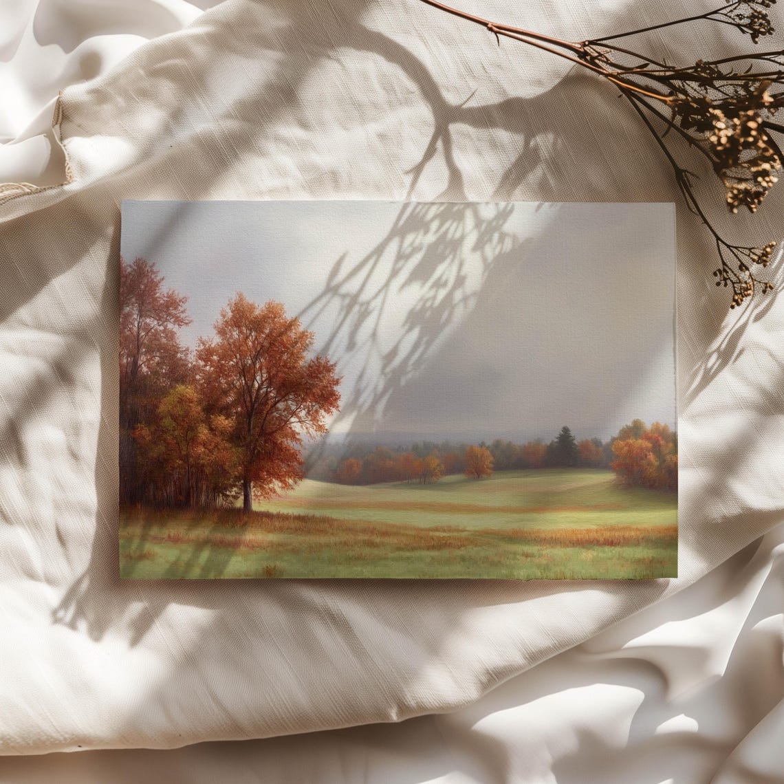 Muted Autumn Field with Rust Colored Trees Under a Hazy Sky Poster - Image 2