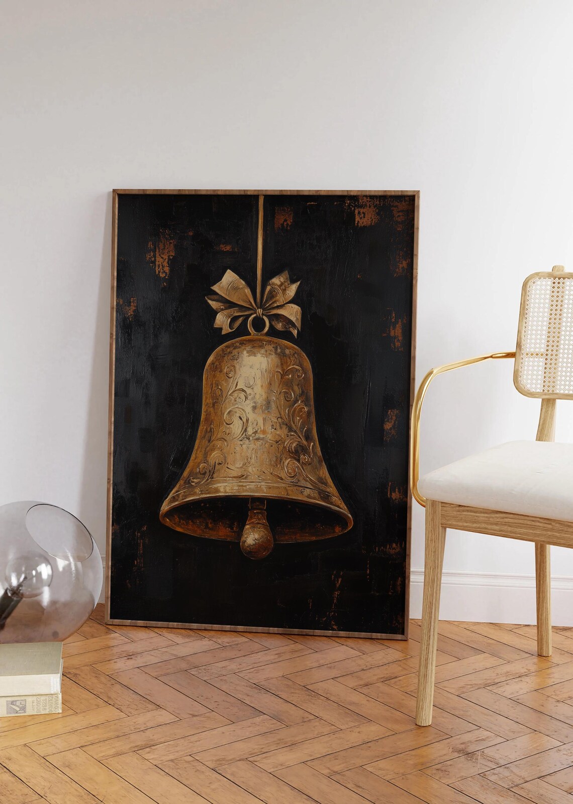 Vintage Golden Christmas Bell Painting Dark Moody Holiday Wall Poster - Image 2