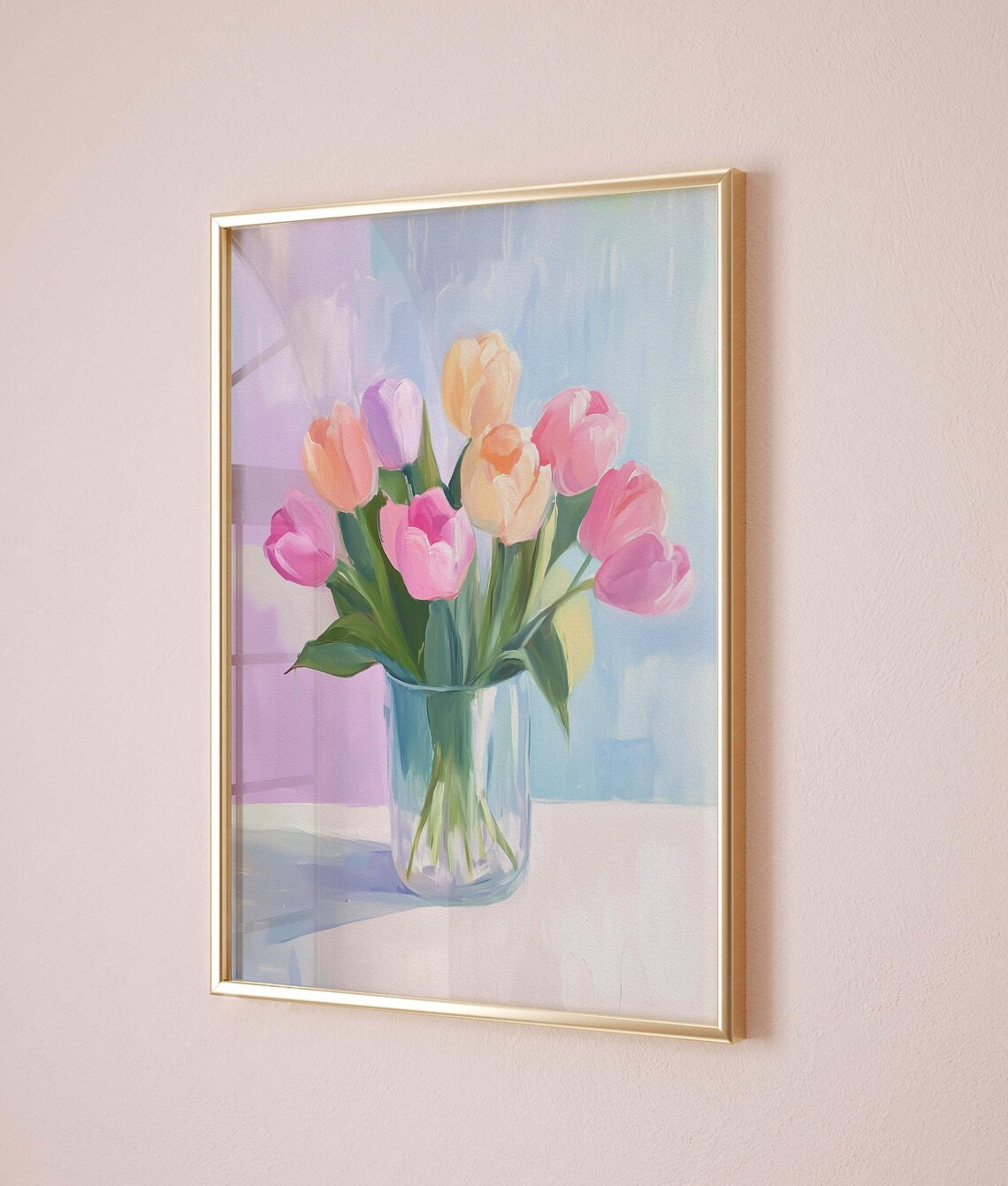 Colorful Tulips in a Glass Vase Pastel Bouquet Painting Print - Image 2