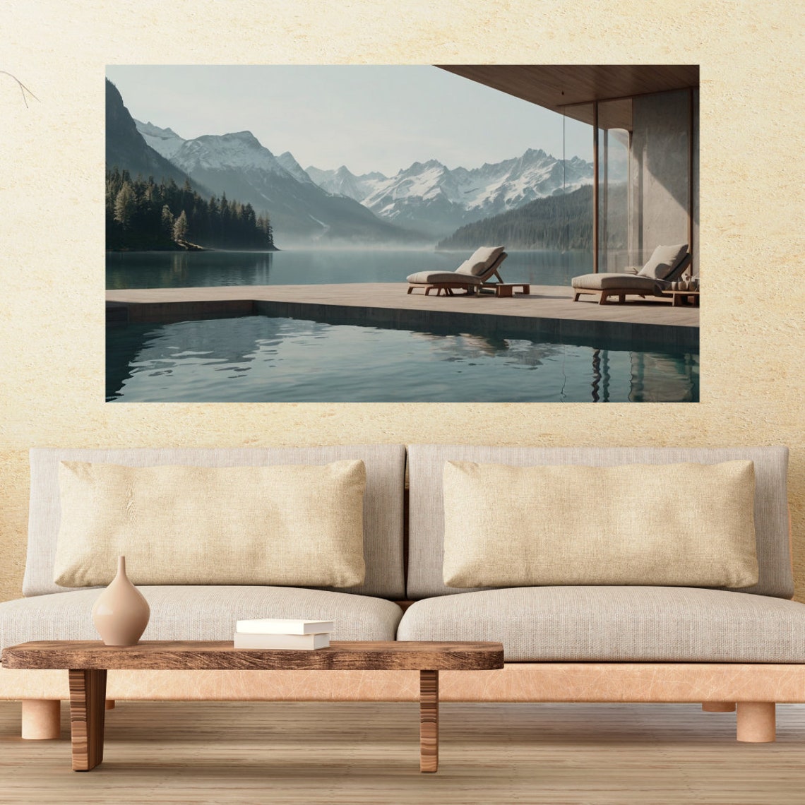 Alpine Lake Resort Deck Lounge Chairs Mountain View Scenic Art Poster - Image 2