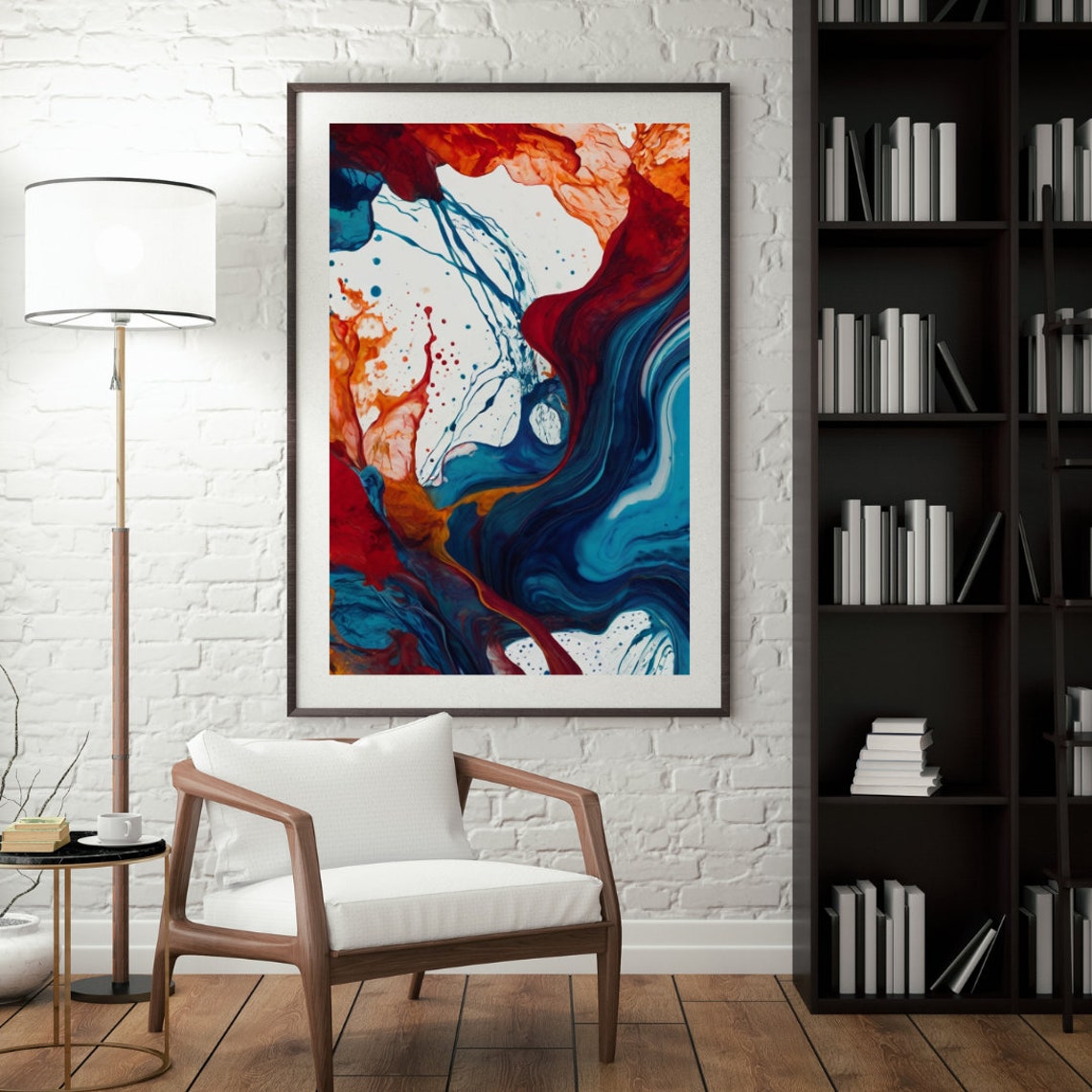 Bold Red Blue Fluid Ink Abstract Swirl Poster for Modern Homes - Image 2