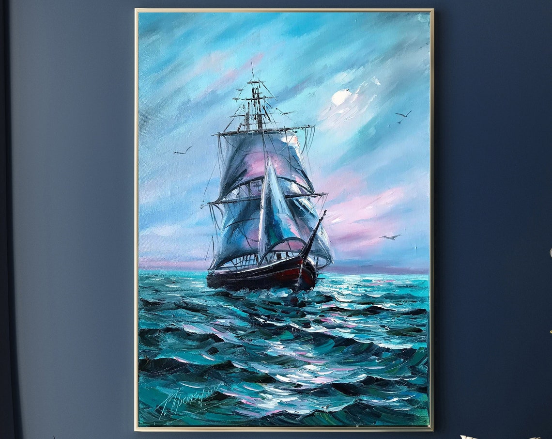 Large Sailing Ship Oil Painting Original Navy Blue Ocean Waves Painting Nautical Art Seascape Oil Painting Sailing Yacht Wall Art - Image 3