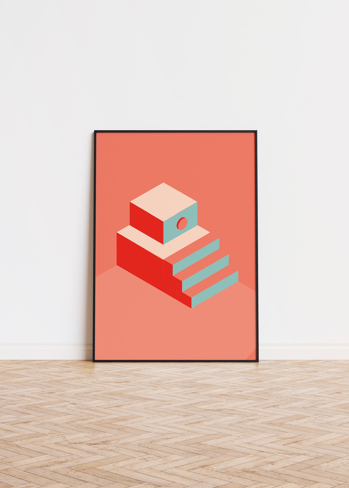 Isometric Geometric Temple Coral Background Minimal 3D Art Poster