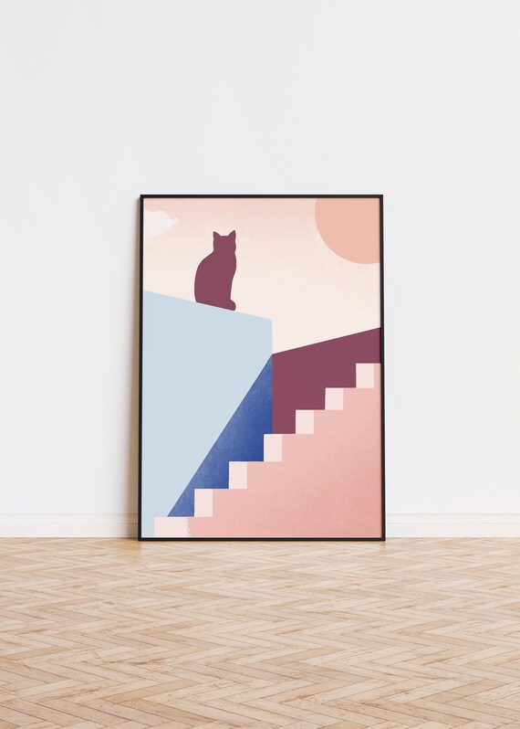 Abstract Cat Silhouette Pastel Stairs Minimal Modern Art Poster