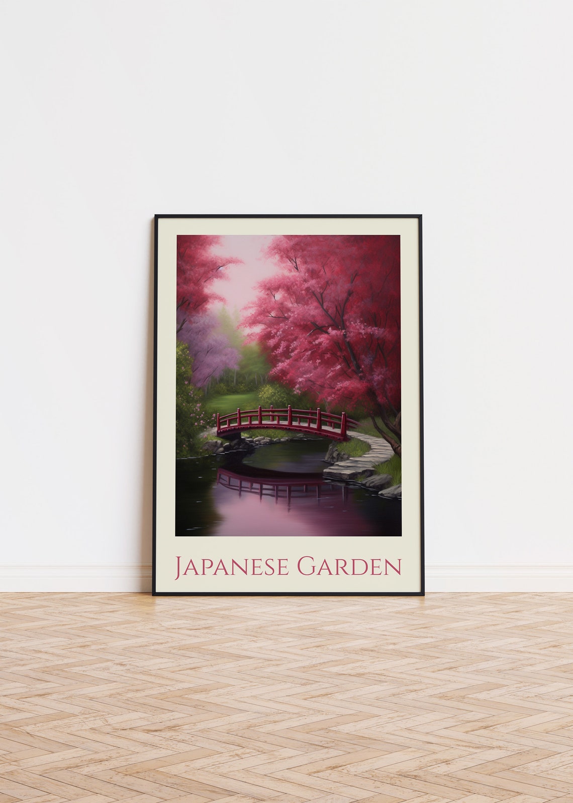 Japanese Garden Red Bridge Cherry Blossom Painting Travel Poster
