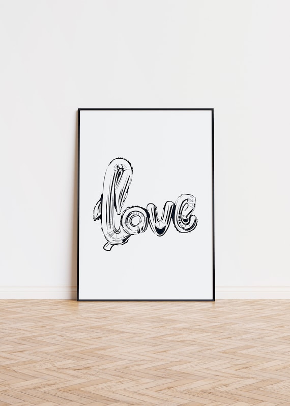 Love Balloon Script Typography Line Art Minimalist Black White Poster