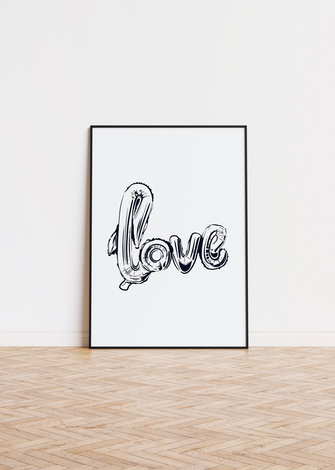 Love Balloon Script Typography Line Art Minimalist Black White Poster