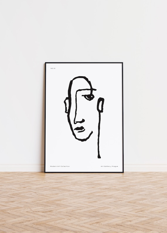 Abstract Face Line Drawing Black White Modern Minimal Portrait Poster