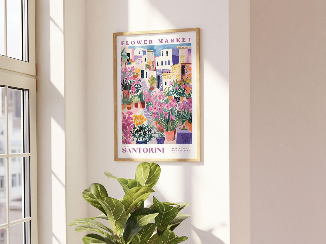 Flower Market Santorini Travel Poster, Botanical Decor - Image 2