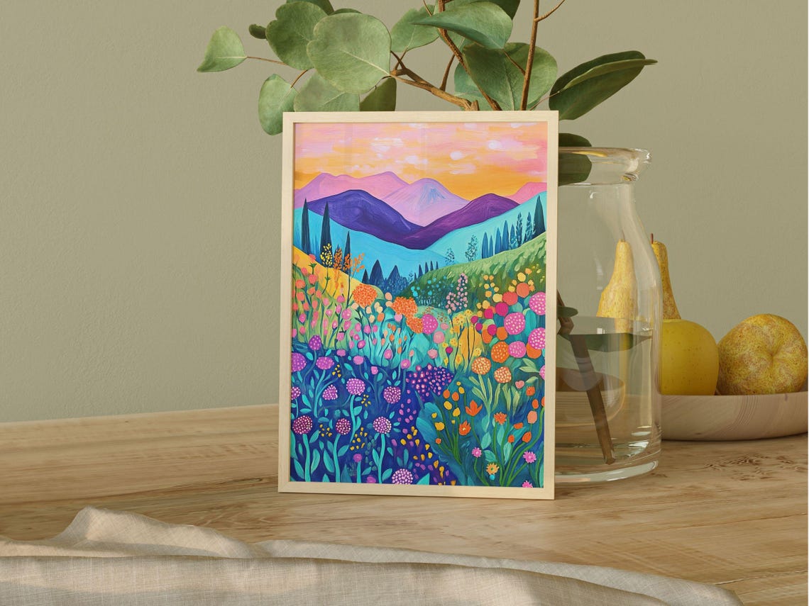 Wildflower Meadow Sunset Purple Mountains Colorful Floral Art Poster