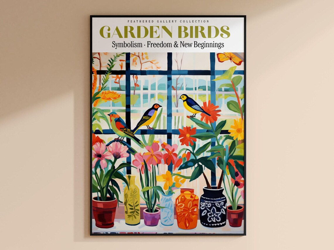 Bird Wall Art Retro Poster, Botanical Floral Illustration