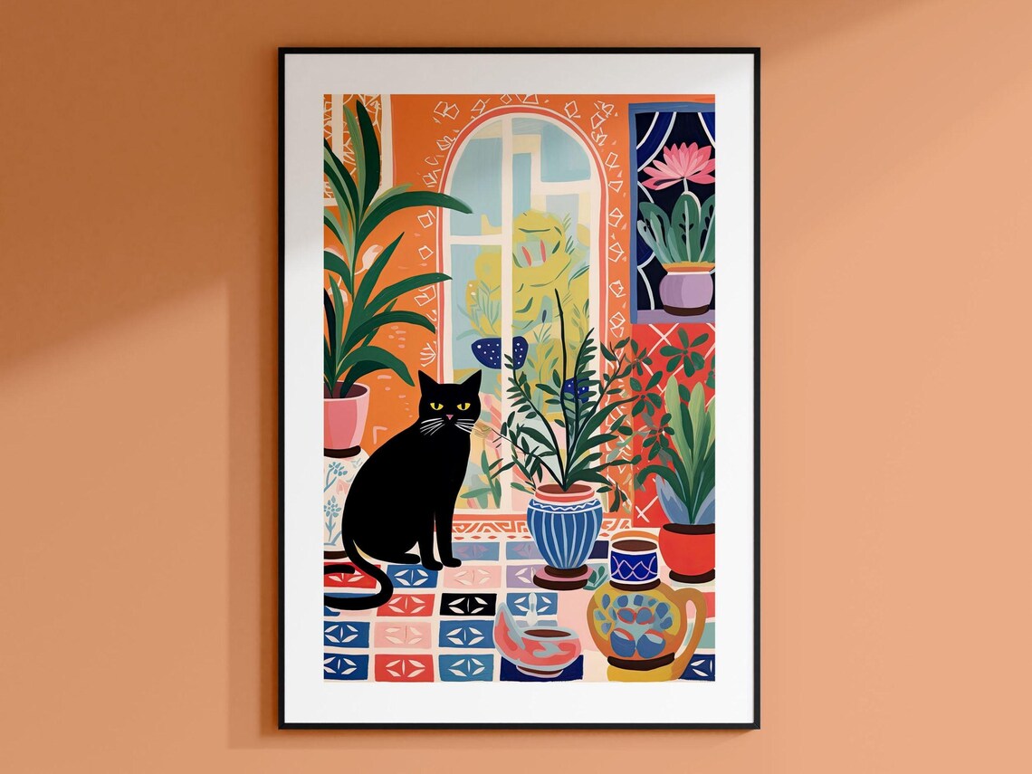 Black Cat on Terracotta Patio With Plants Boho Botanical Art Poster