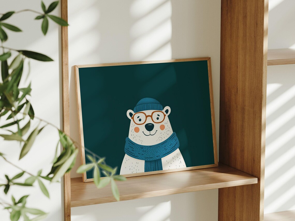Cozy Polar Bear with Glasses Winter Nursery Kids Room Poster - Image 2