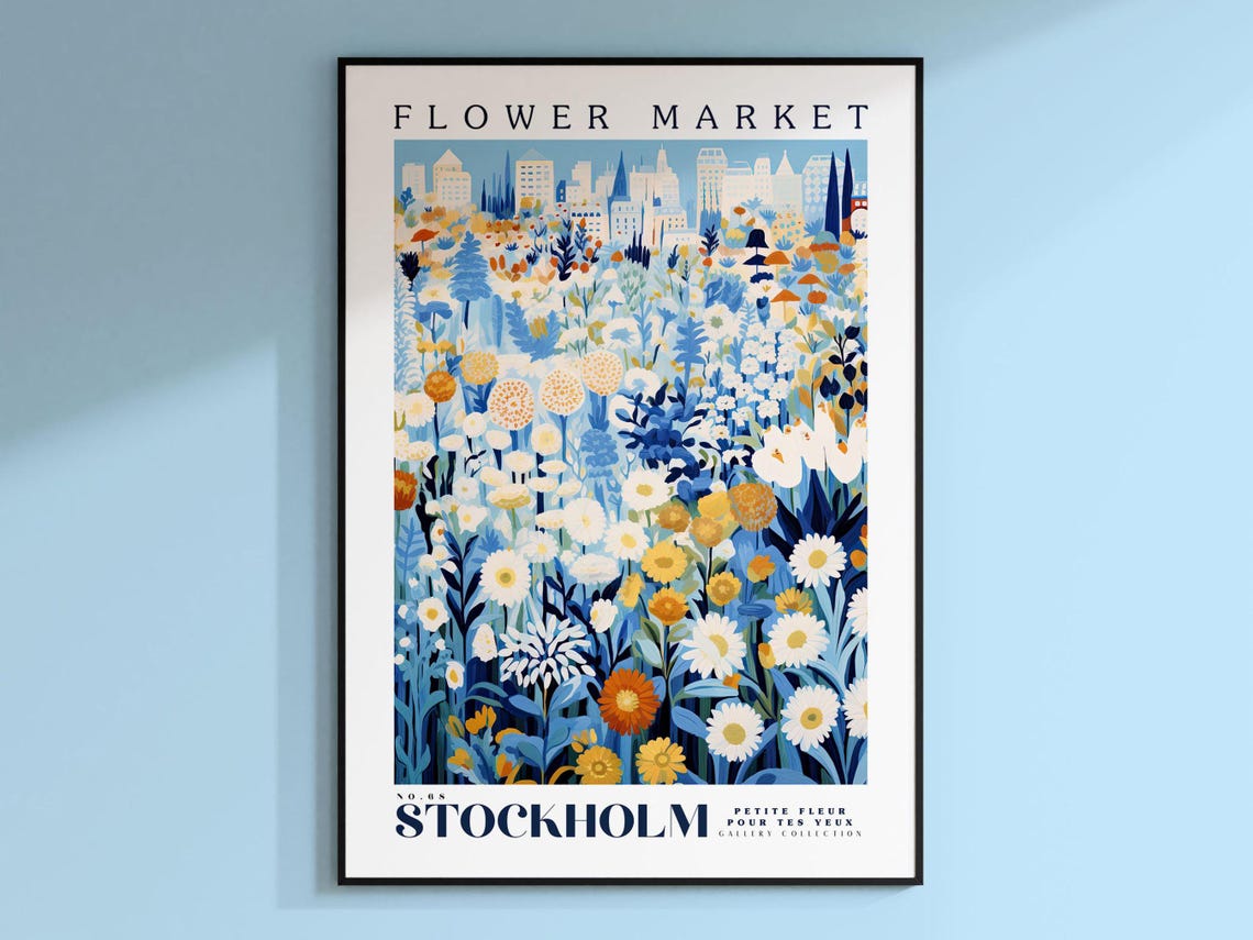 Stockholm Flower Market Travel Poster, Sweden Botanical