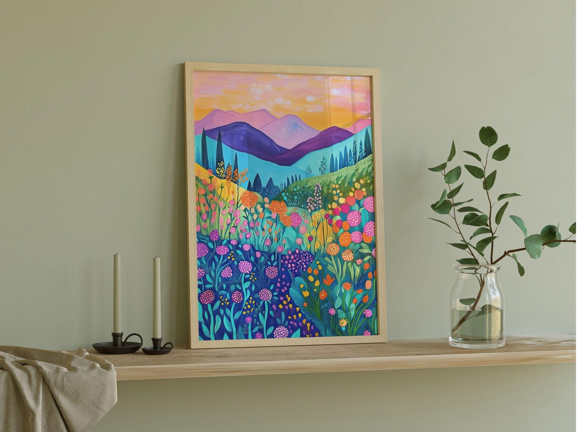 Wildflower Meadow Sunset Purple Mountains Colorful Floral Art Poster - Image 2