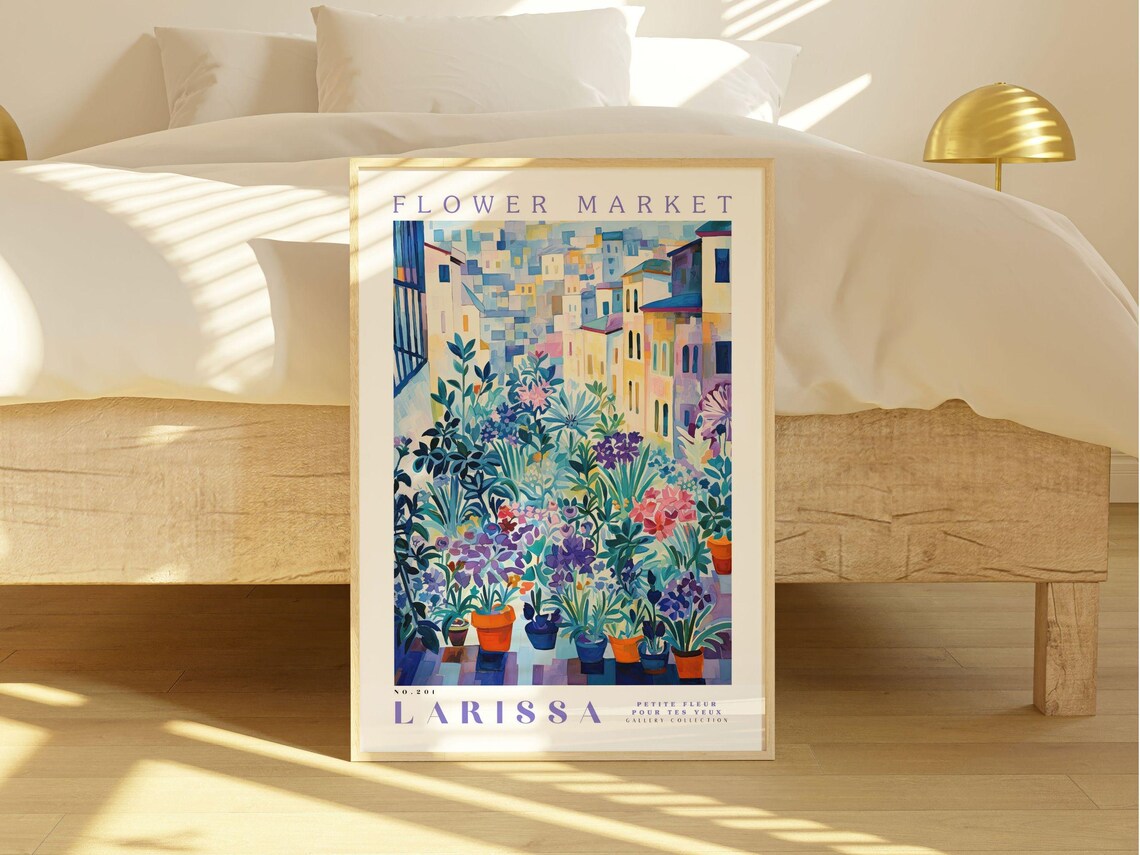 Larissa Greece Flower Market Blue Hues Watercolor Botanical Poster - Image 2