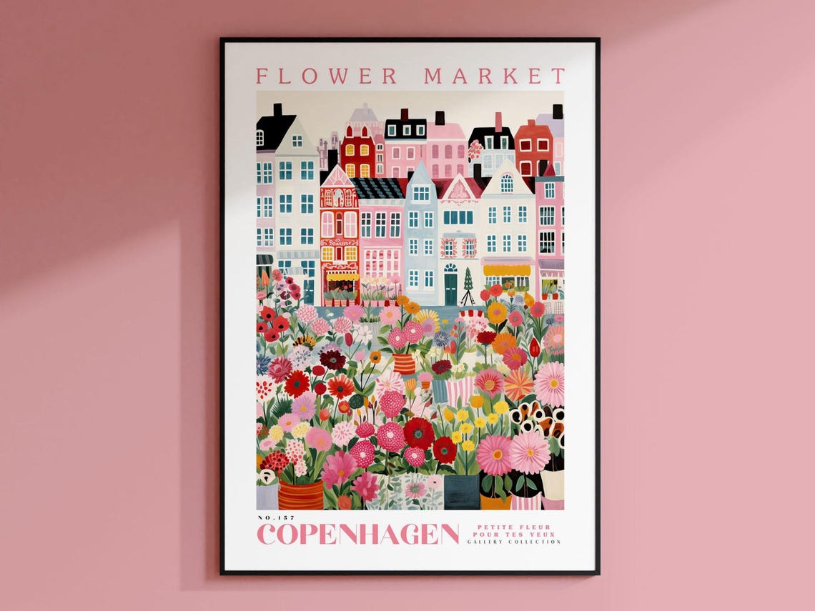 Flower Market Copenhagen Botanical Art Print, Pink