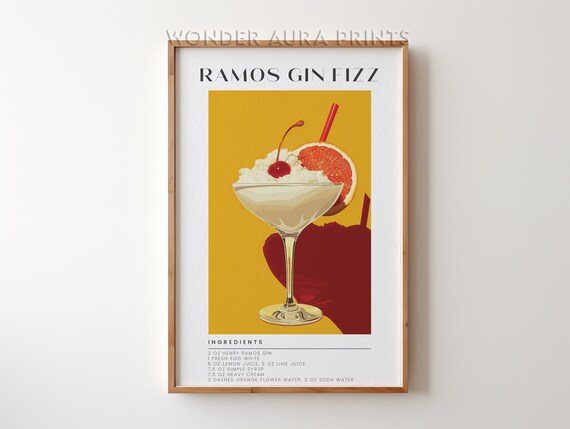 Ramos Gin Fizz Classic Cocktail Recipe Cherry Garnish Bold Yellow Bar Poster