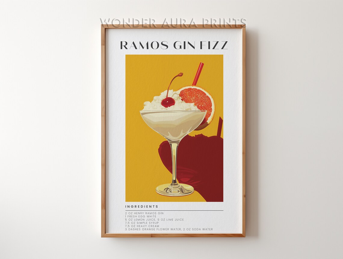 Ramos Gin Fizz Classic Cocktail Recipe Cherry Garnish Bold Yellow Bar Poster