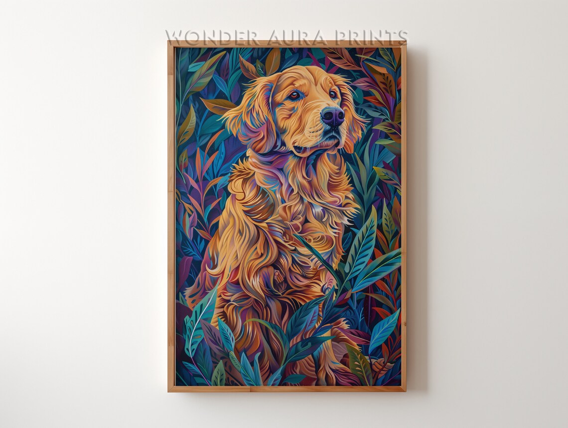 Golden Retriever Among Tropical Leaves Maximalist Dog Art Poster