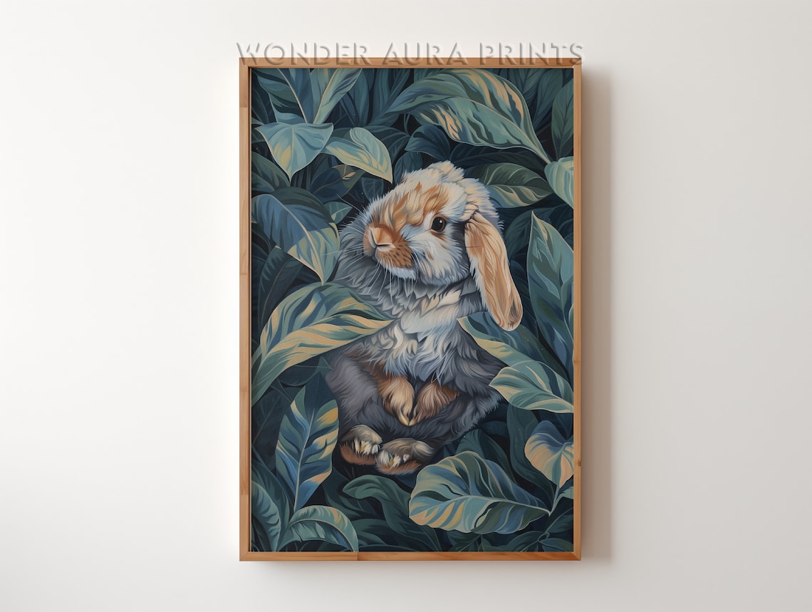 Lop Eared Rabbit in Teal Leaves Cute Maximalist Jungle Art Poster