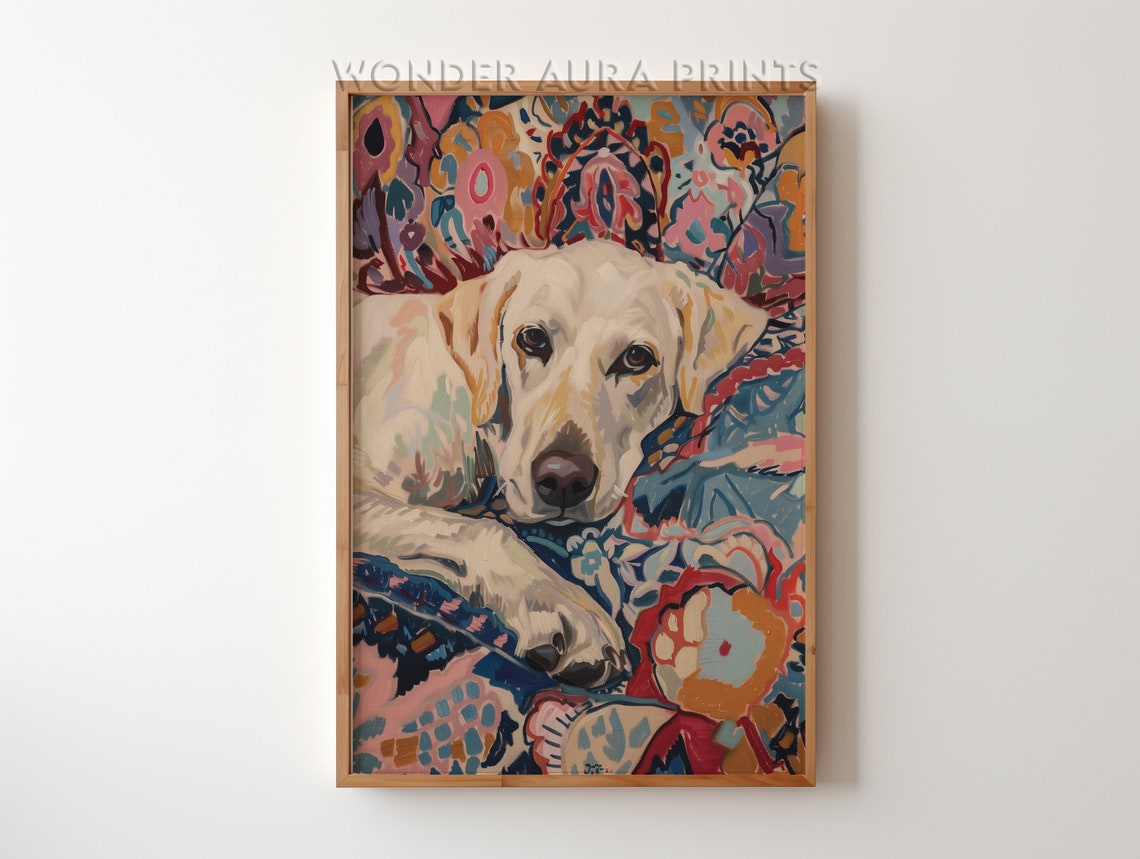 White Labrador Resting On Colorful Boho Patterned Fabric Decor Poster