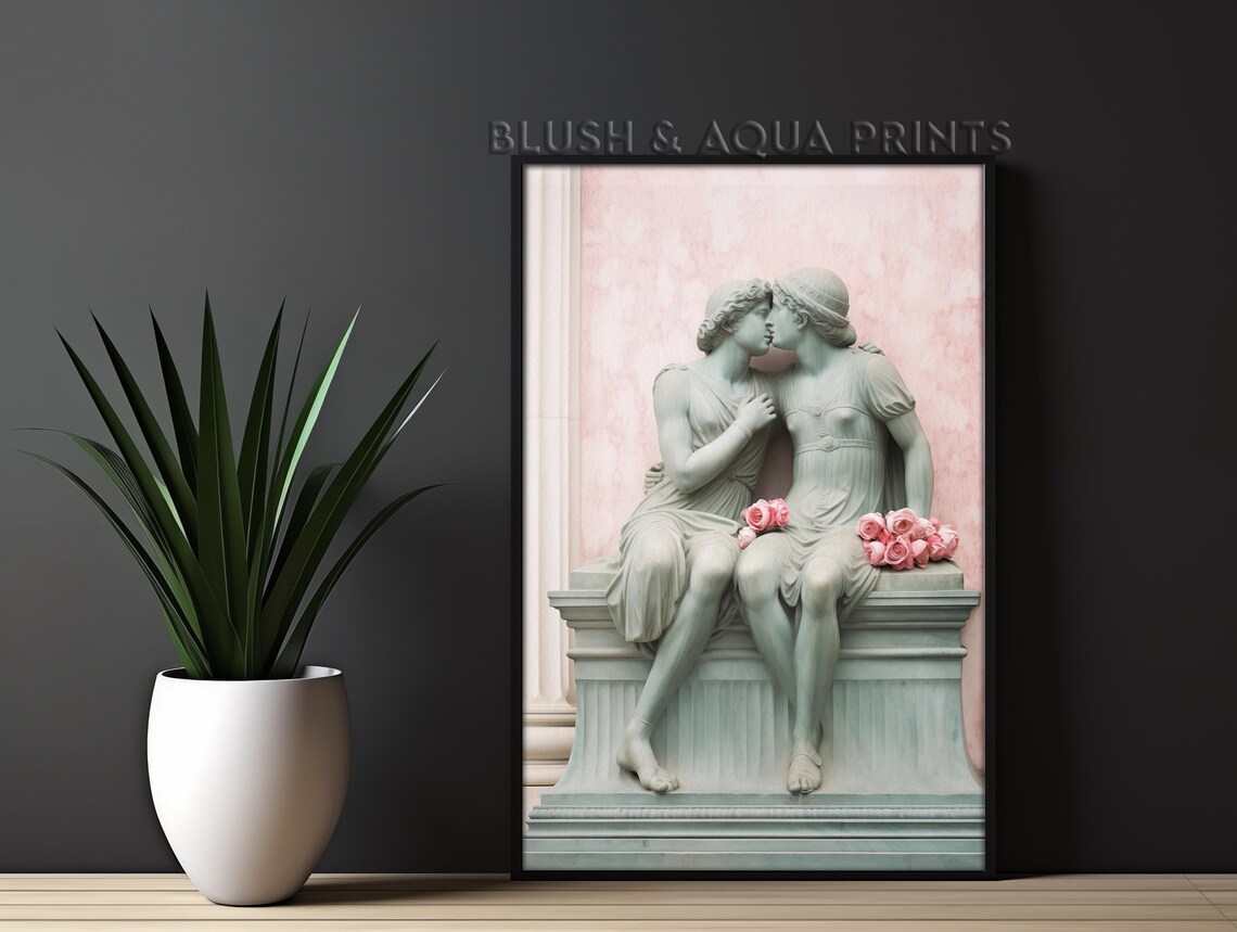 Romantic Classical Sculpture Lovers Kiss Blush Pink Statue Art Print