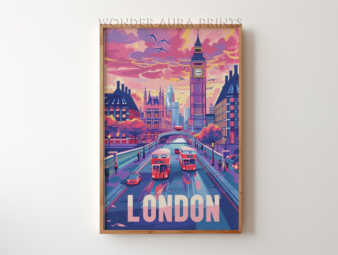 London Big Ben Red Buses Westminster Sunset Travel Art Poster
