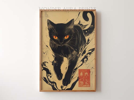 Japanese Black Cat Ink Wash Painting Orange Eyes Red Seal Wall Art