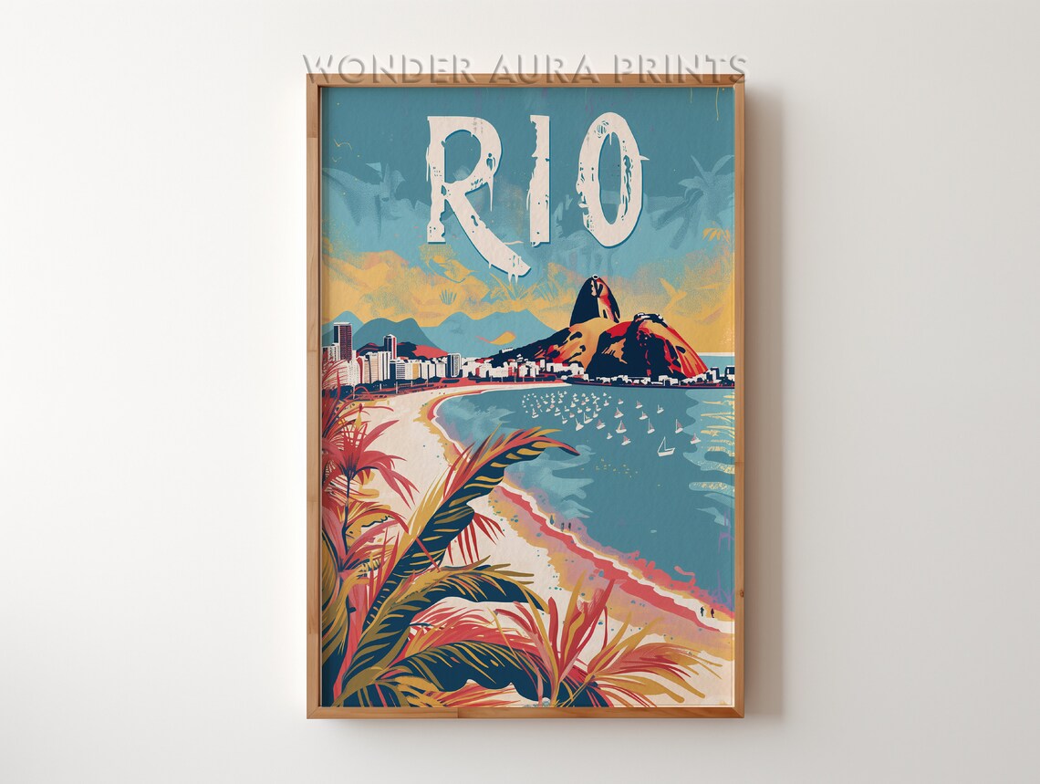 Rio de Janeiro Travel Poster Copacabana Beach Vintage Sunset