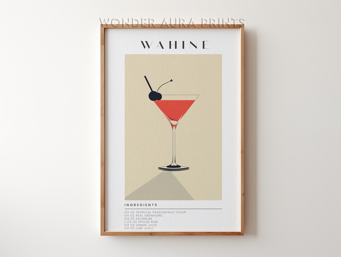 Wahine Tropical Spiced Rum Cocktail Minimalist Recipe Art Poster