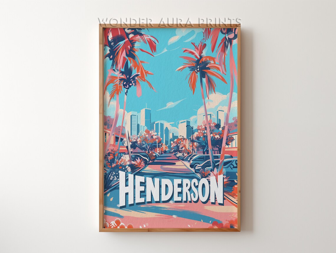 Henderson Retro City Street Palm Trees Pink Sunset Travel Poster