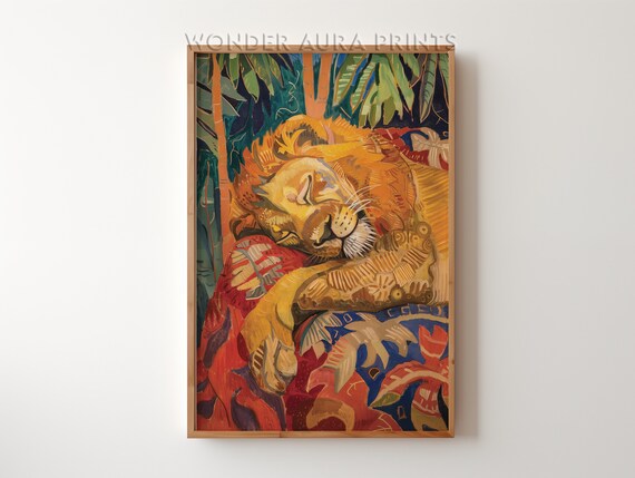 Sleeping Lion Print Maximalist Wall Decor Dopamine Art Jungle Wonder Aura Prints