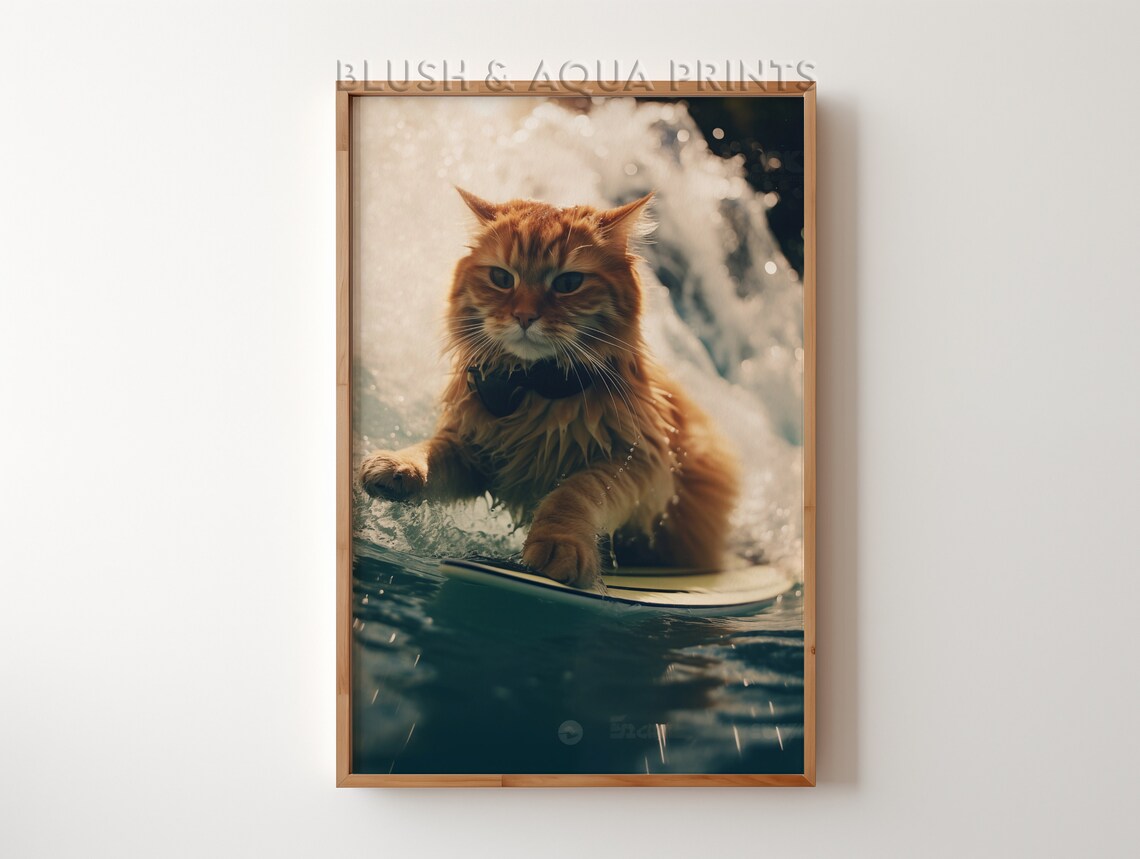 Ginger Longhair Cat Surfing a Wave Funny Animal Humor Poster Art