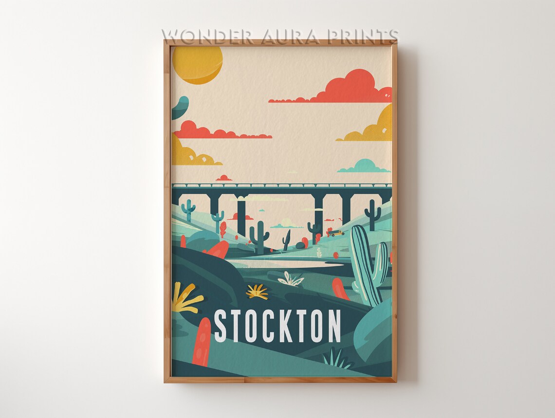 Stockton Retro Desert Bridge Cactus Sunset Pop Style Art Poster