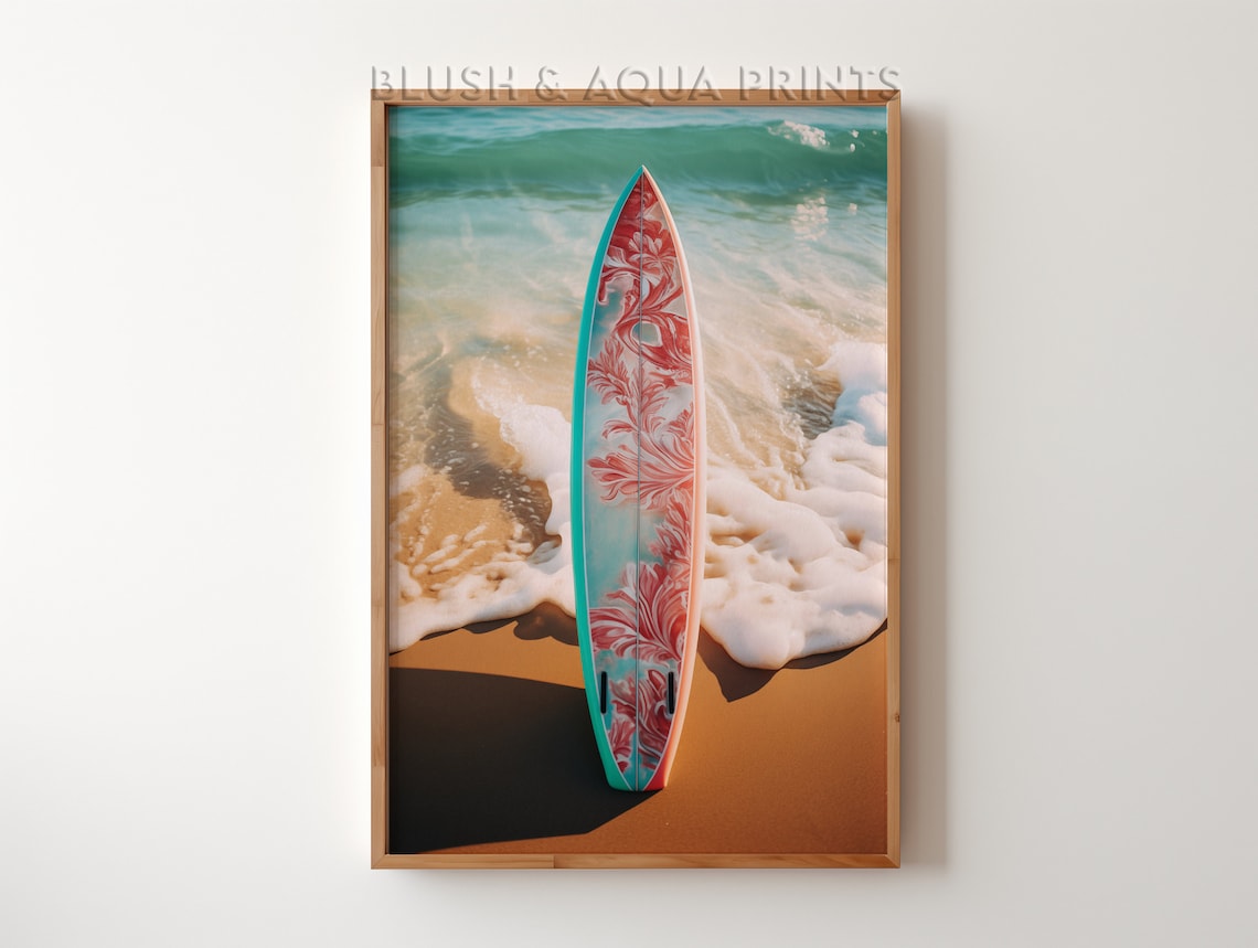 Coral Floral Surfboard Standing in Ocean Surf Beach Art Poster