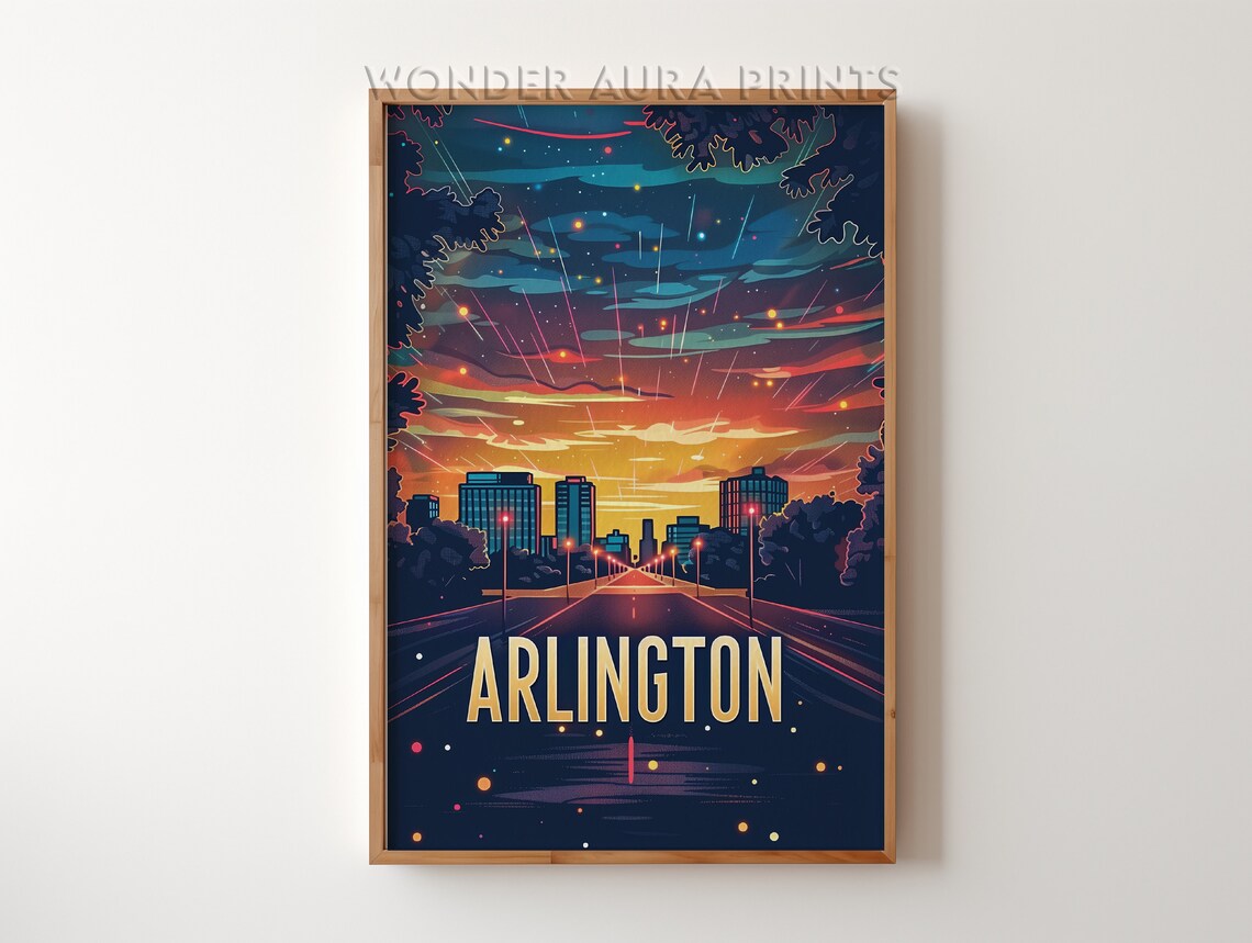 Arlington Glowing Night Skyline With Shooting Stars City Poster