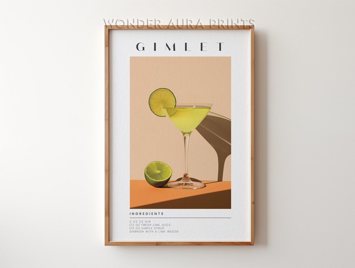 Gimlet Cocktail Recipe Lime Wedge Martini Minimalist Bar Poster