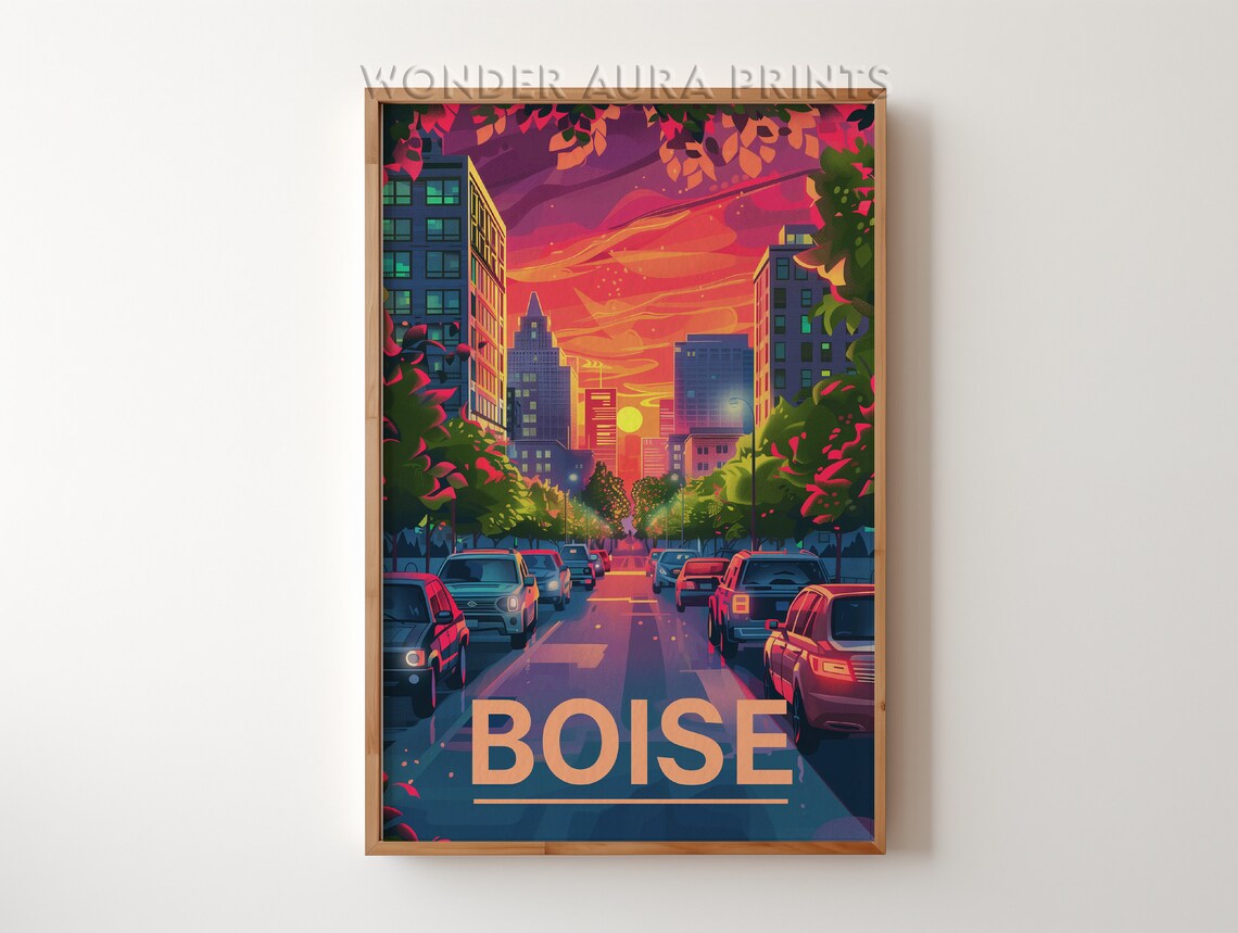 Boise City Street Sunset Downtown Neon Glow Retro Travel Poster