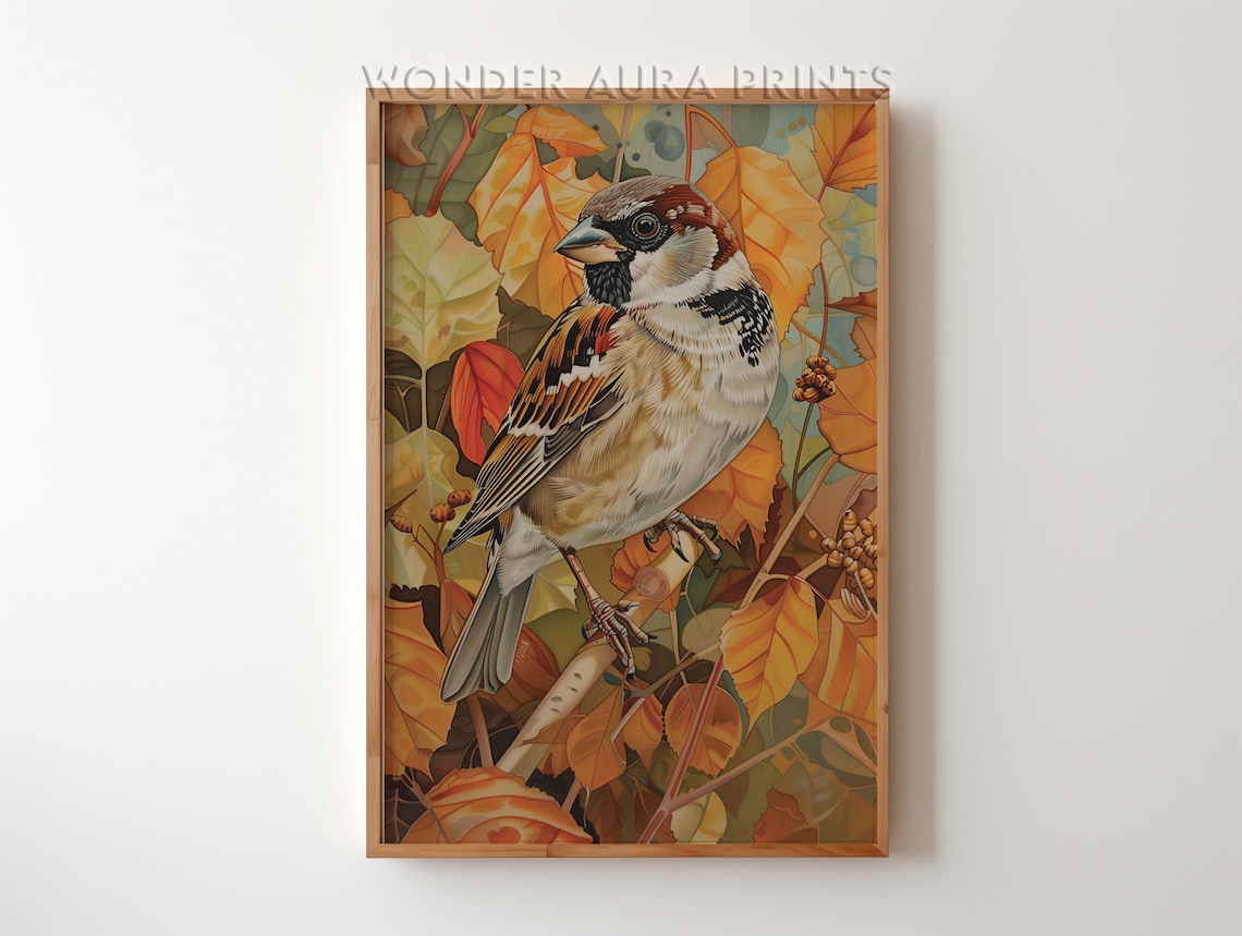Sparrow on Branch Autumn Leaves Botanical Bird Watercolor Art Poster
