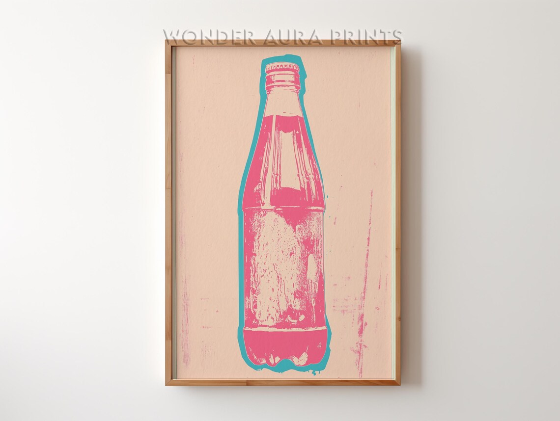 Pink Soda Bottle Retro Pop Art Kitchen Decor Vivid Color Print