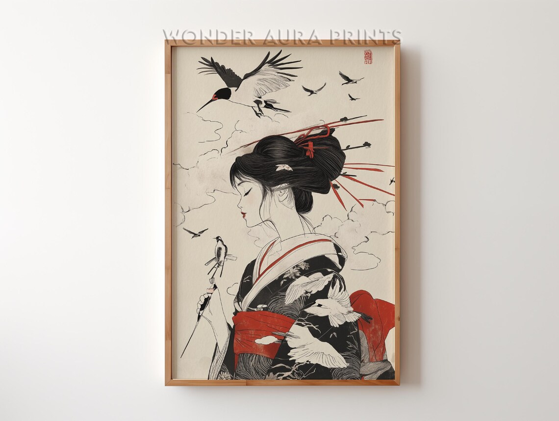Japanese Geisha Ink Illustration With Cranes Red Kimono Poster