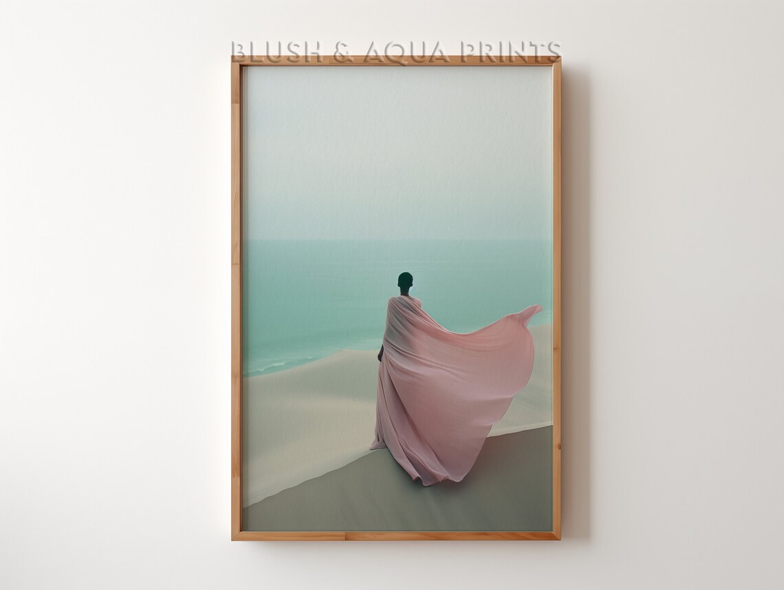 Lone Woman In Flowing Pink Fabric On Misty Beach Fine Art Print
